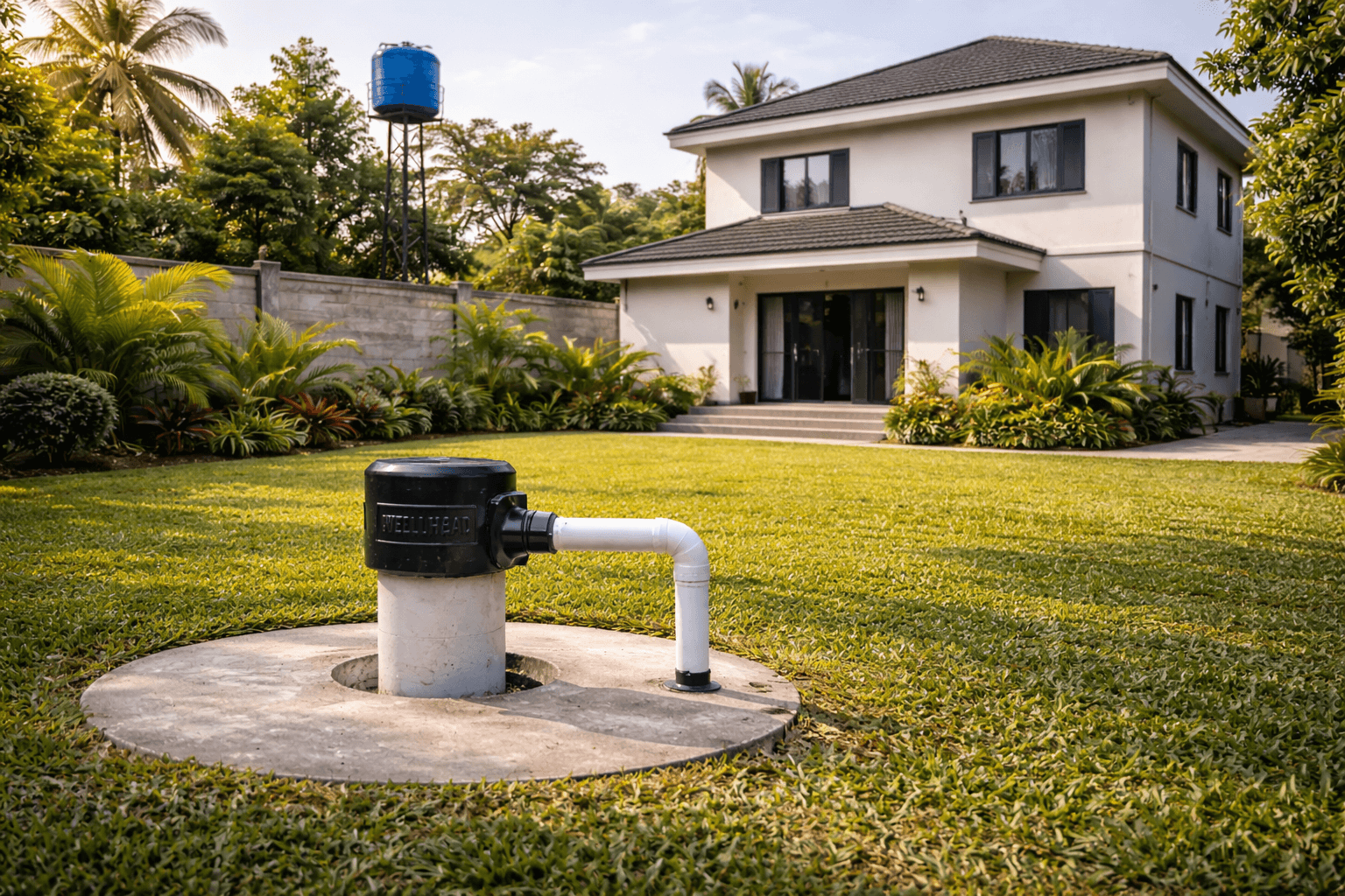 Borehole drilling rig on a residential site with drilling in progress